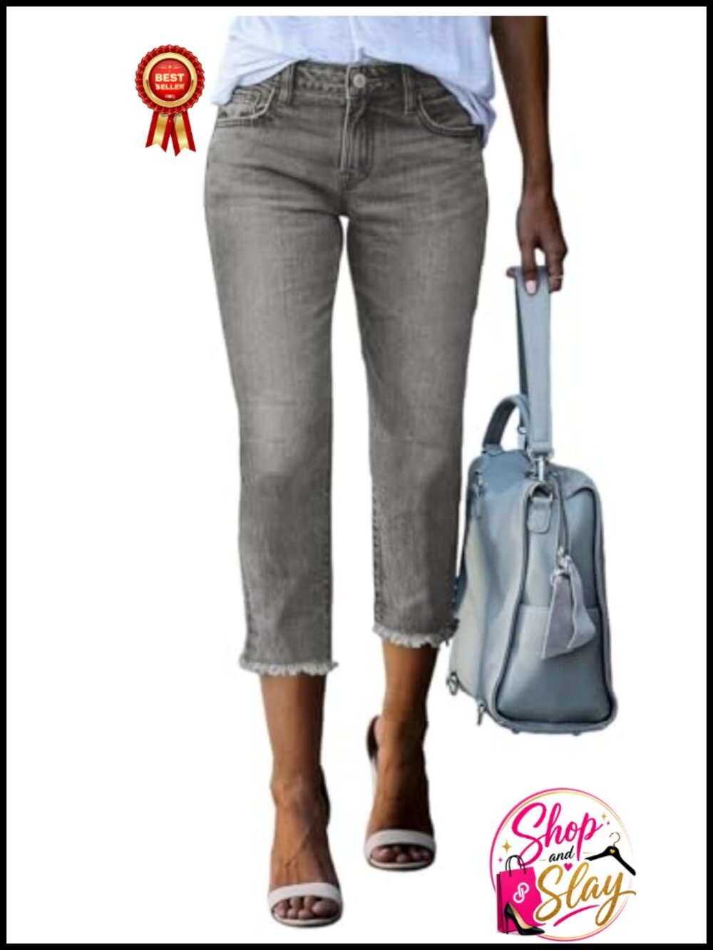 High Waisted Straight Leg Capri Jeans Raw Hem Cotton Blend Denim Pants